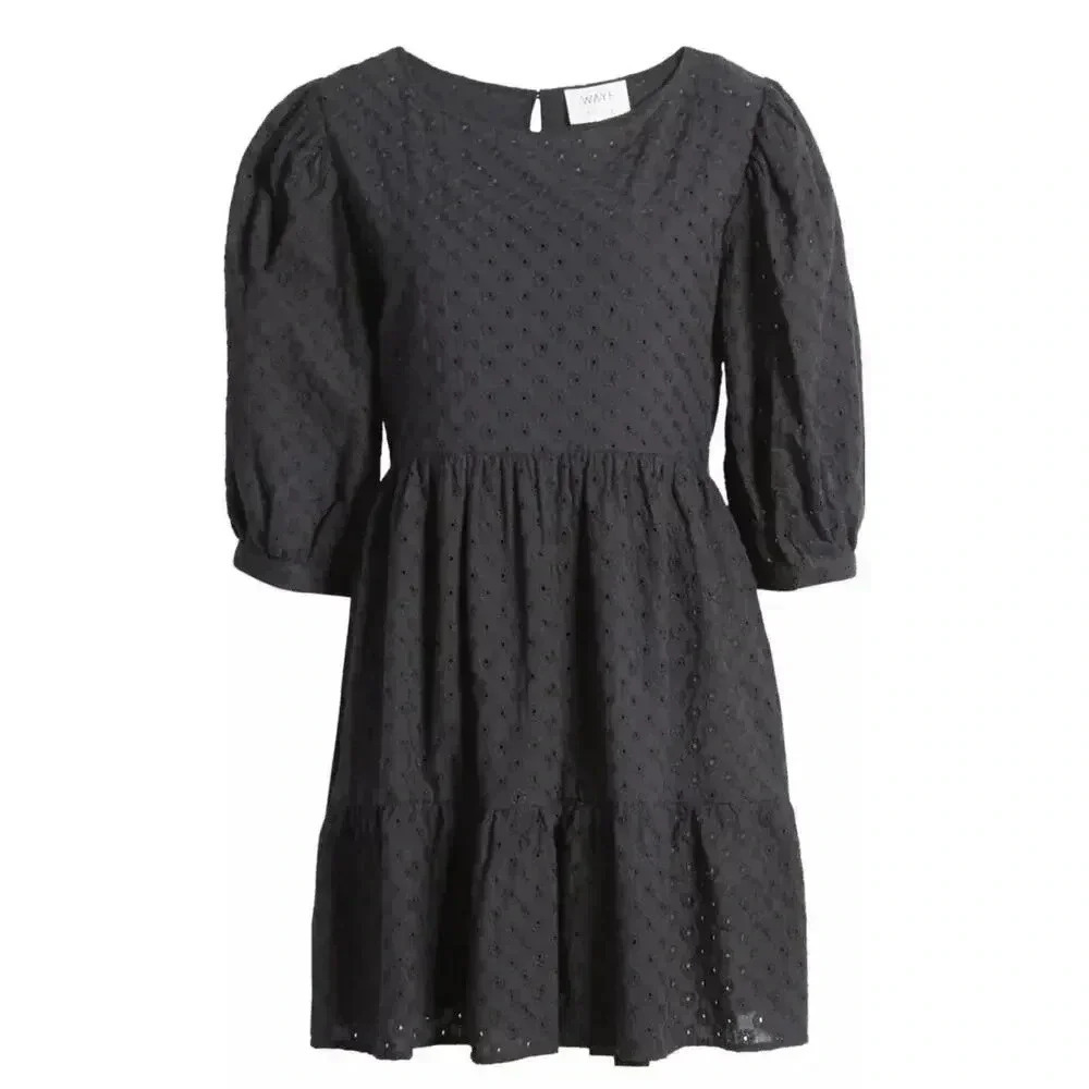 WAYF Dede x Emile Black Babydoll Eyelet Lauren Tiered Boho Dress Sz S